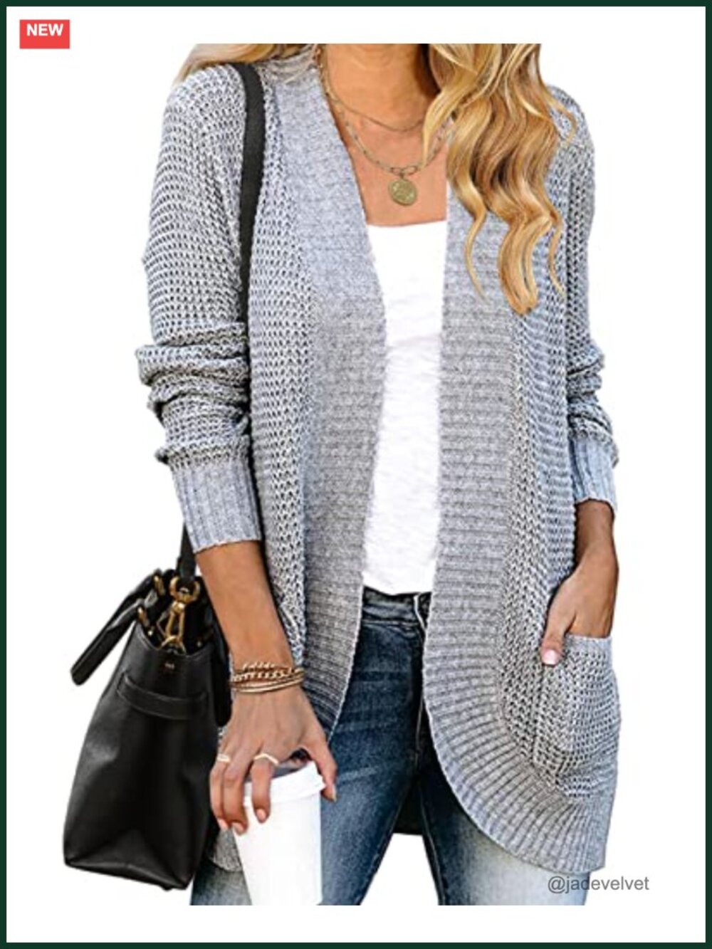 Open Front Chunky Knit Cardigan Sweater Waffle Knit Long Sleeve Drape
